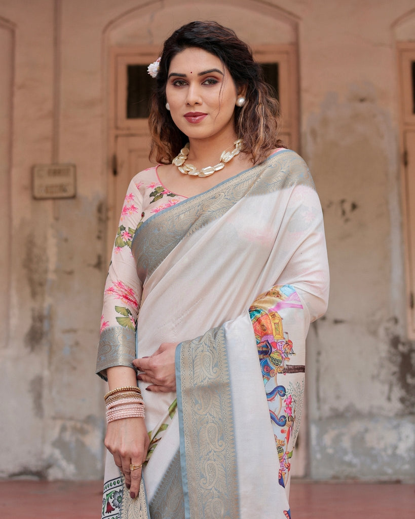 Ivory Tussar Silk Saree with Handcrafted Elephant Motif Pallu and Golden Zari Border DIGITAL PRINT