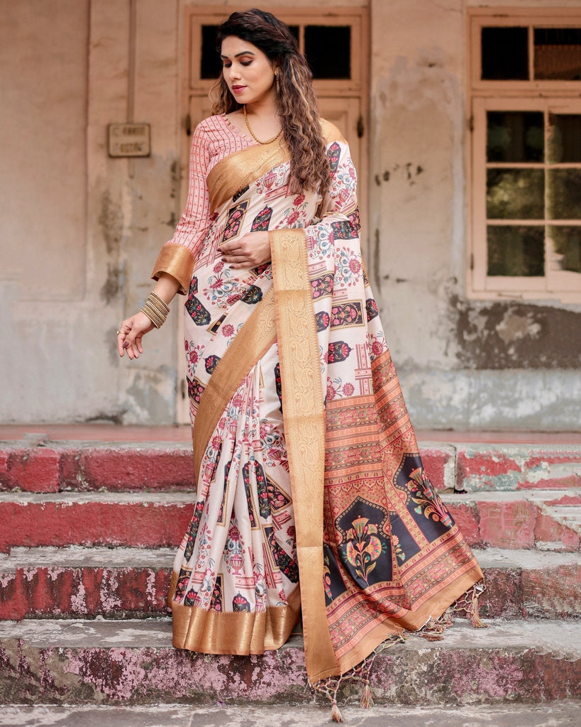Ivory Tussar Silk Saree with Artistic Floral Motifs and Gleaming Golden Zari Border DIGITAL PRINT