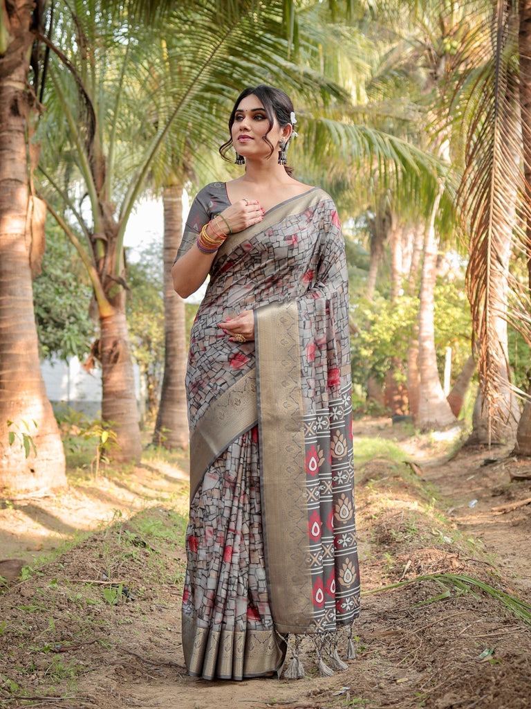 Stunning Grey Tussar Silk Saree with Golden Zari Border and Mosaic-Inspired Pallu Design DIGITAL PRINT