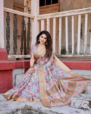 Exquisite Gray Floral Digital Print Saree with Golden Border and Ornamental Pallu DIGITAL PRINT