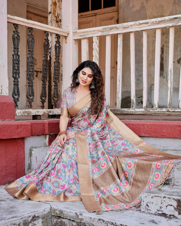 Exquisite Gray Floral Digital Print Saree with Golden Border and Ornamental Pallu DIGITAL PRINT