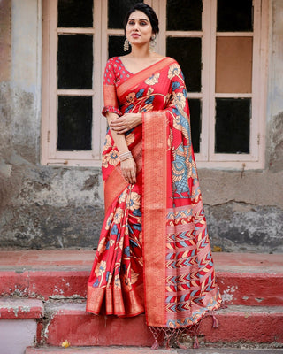 Vibrant Red Tussar Silk Saree with Bold Floral Motifs and Chevron Patterned Pallu DIGITAL PRINT