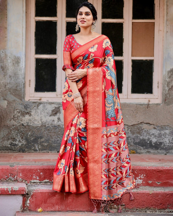Vibrant Red Tussar Silk Saree with Bold Floral Motifs and Chevron Patterned Pallu DIGITAL PRINT