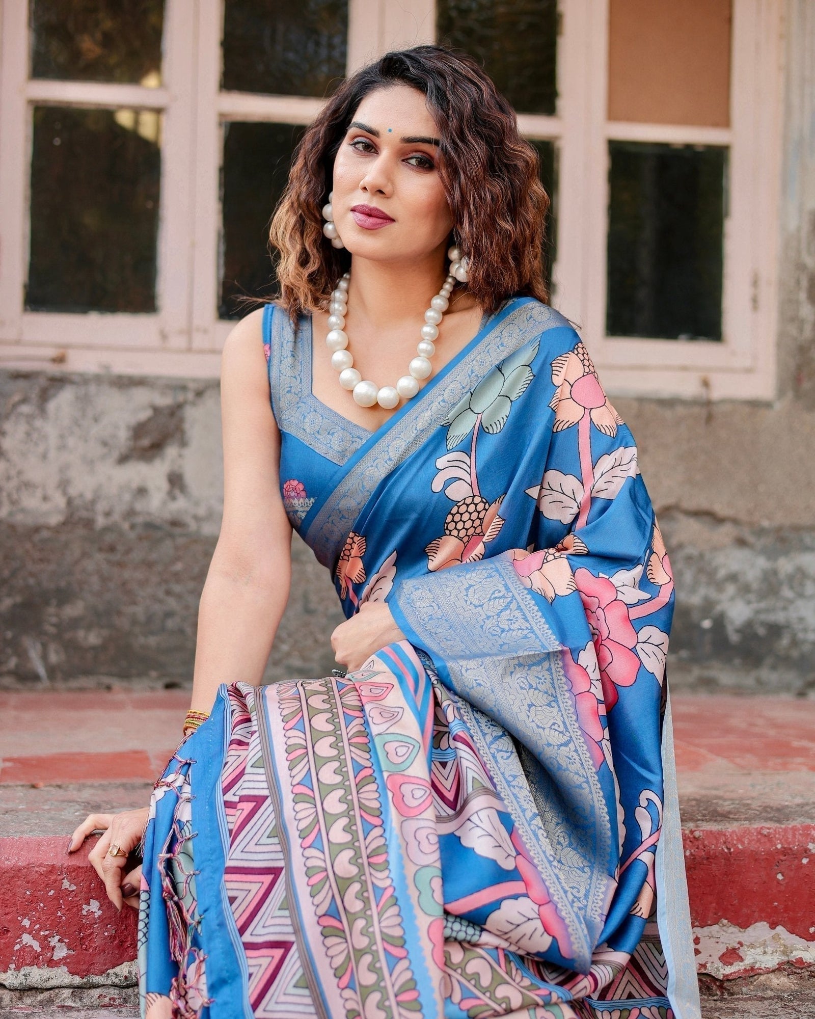 Sky Blue Tussar Silk Saree with Bold Floral Motifs and Chevron Pallu Design DIGITAL PRINT