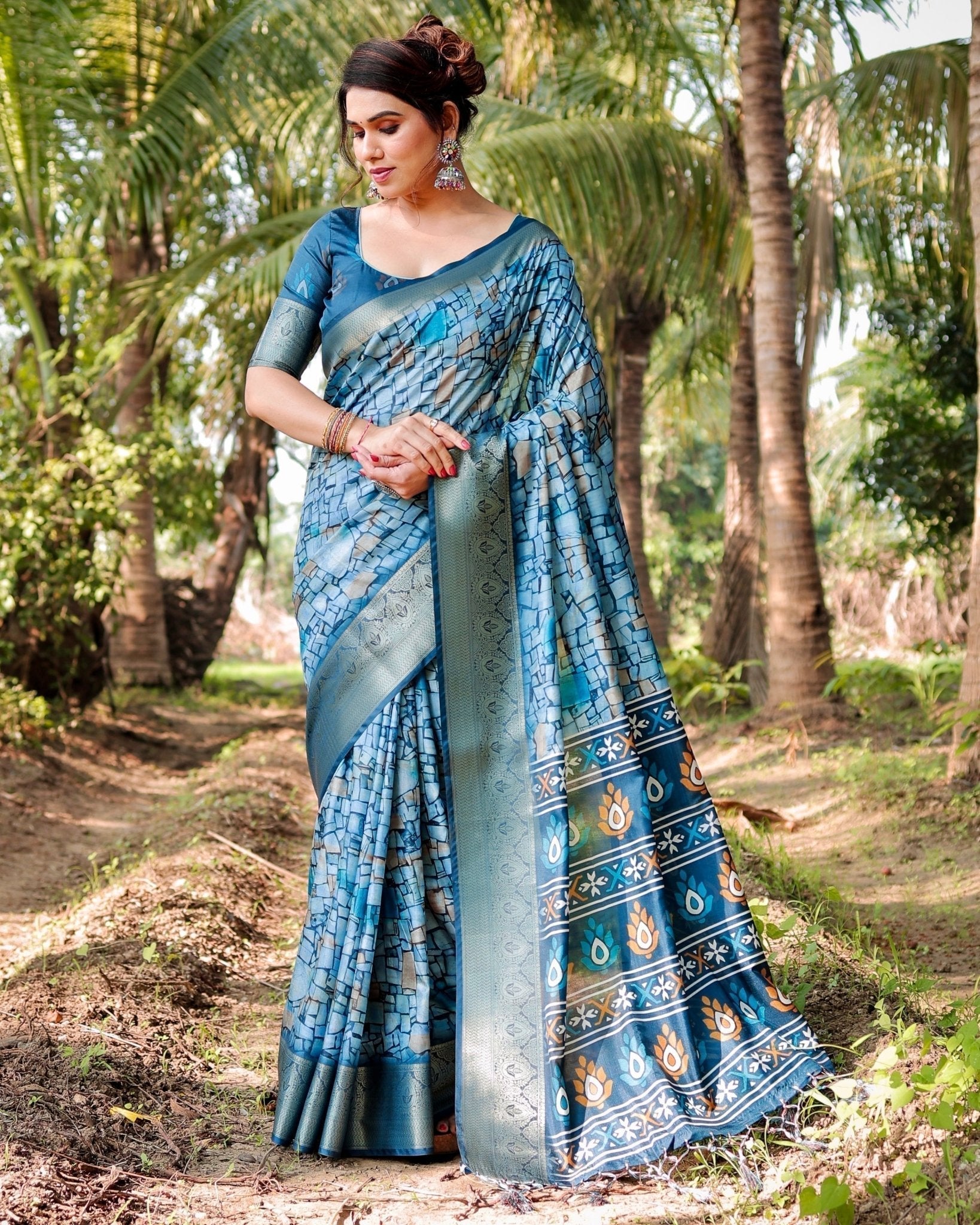 Mesmerizing Blue Tussar Silk Saree with Golden Zari Border and Mosaic-Inspired Pallu Design DIGITAL PRINT Main image