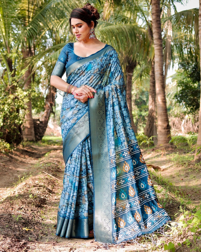 Mesmerizing Blue Tussar Silk Saree with Golden Zari Border and Mosaic-Inspired Pallu Design DIGITAL PRINT
