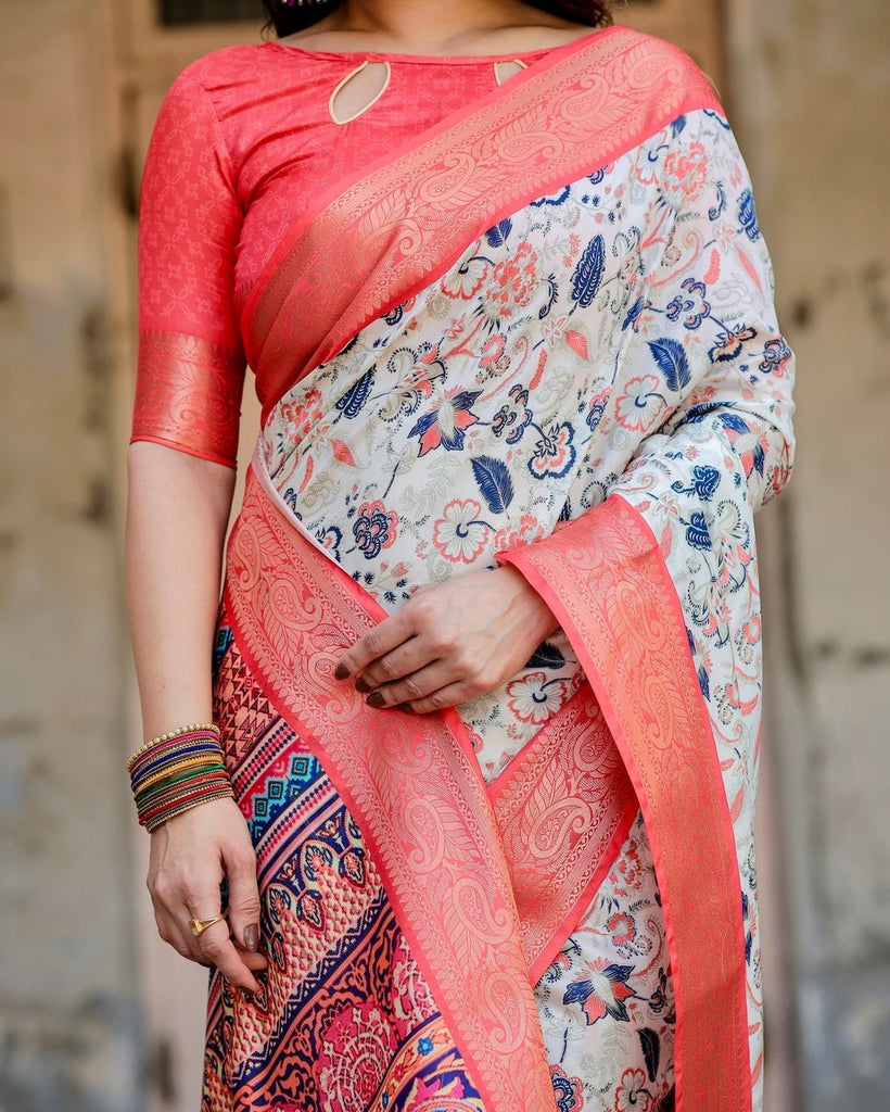 Ivory Tussar Silk Saree with Coral Zari Border and Intricate Floral Motifs DIGITAL PRINT