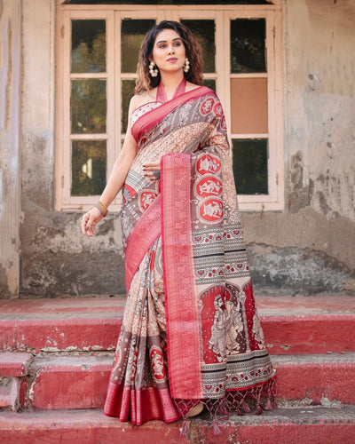 Beige and Red Tussar Silk Saree with Traditional Motifs and Ornamental Zari Border DIGITAL PRINT