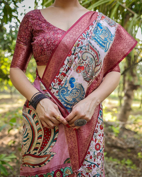Blush Pink Digital Print Tussar Silk Saree with Zari Border and Peacock Motif Pallu DIGITAL PRINT