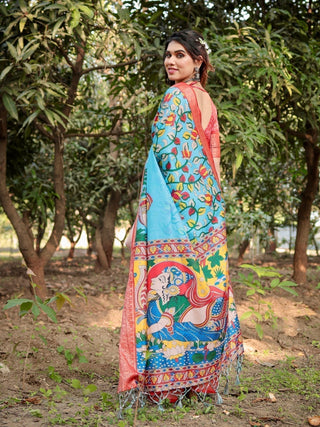 Aqua Blue Tussar Silk Saree with Vibrant Nature-Inspired Prints and Red Zari Border DIGITAL PRINT