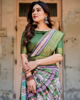 Ivory and Green Tussar Silk Saree with Elephant Motifs and Intricate Zari Border DIGITAL PRINT