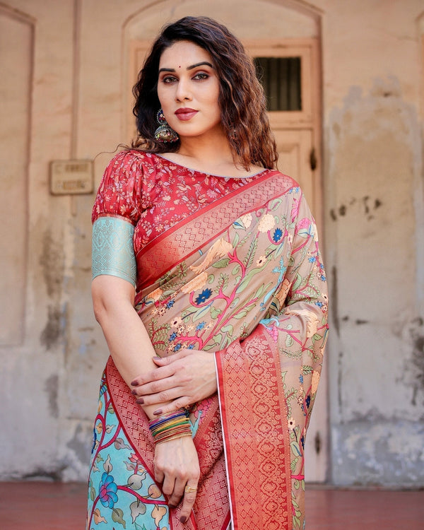 Beige Tussar Silk Saree with Vibrant Multicolor Floral Prints and Red Zari Border DIGITAL PRINT