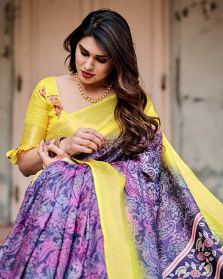 Purple and Yellow Tussar Silk Saree with Artistic Peacock Pallu and Zari Border DIGITAL PRINT