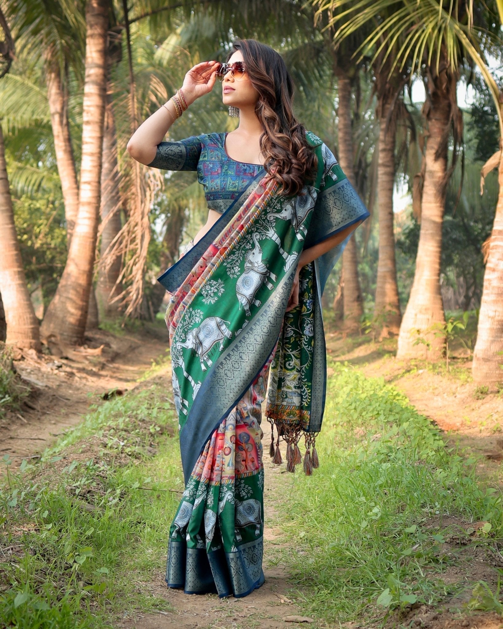Multicolored Digital Print Tussar Silk Saree with Intricate Zari Border and Elephant Motif Pallu DIGITAL PRINT Main image