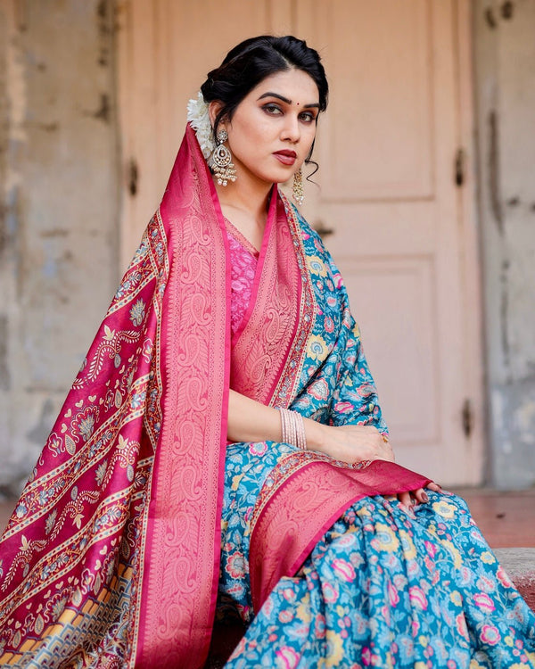 Teal Blue and Coral Tussar Silk Saree with Vibrant Floral Motifs and Ornamental Pallu DIGITAL PRINT