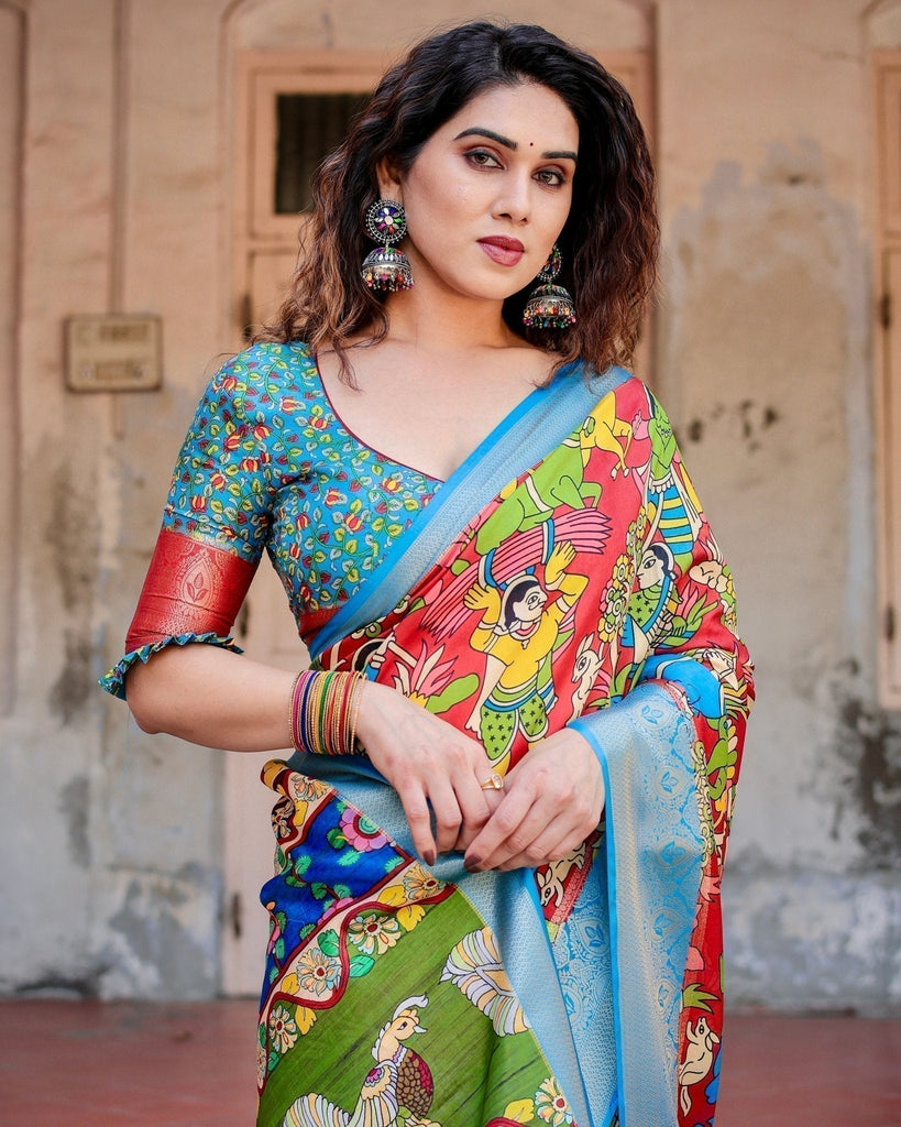Multicolor Folk Art Inspired Digital Print Tussar Silk Saree with Sky Blue Zari Border DIGITAL PRINT