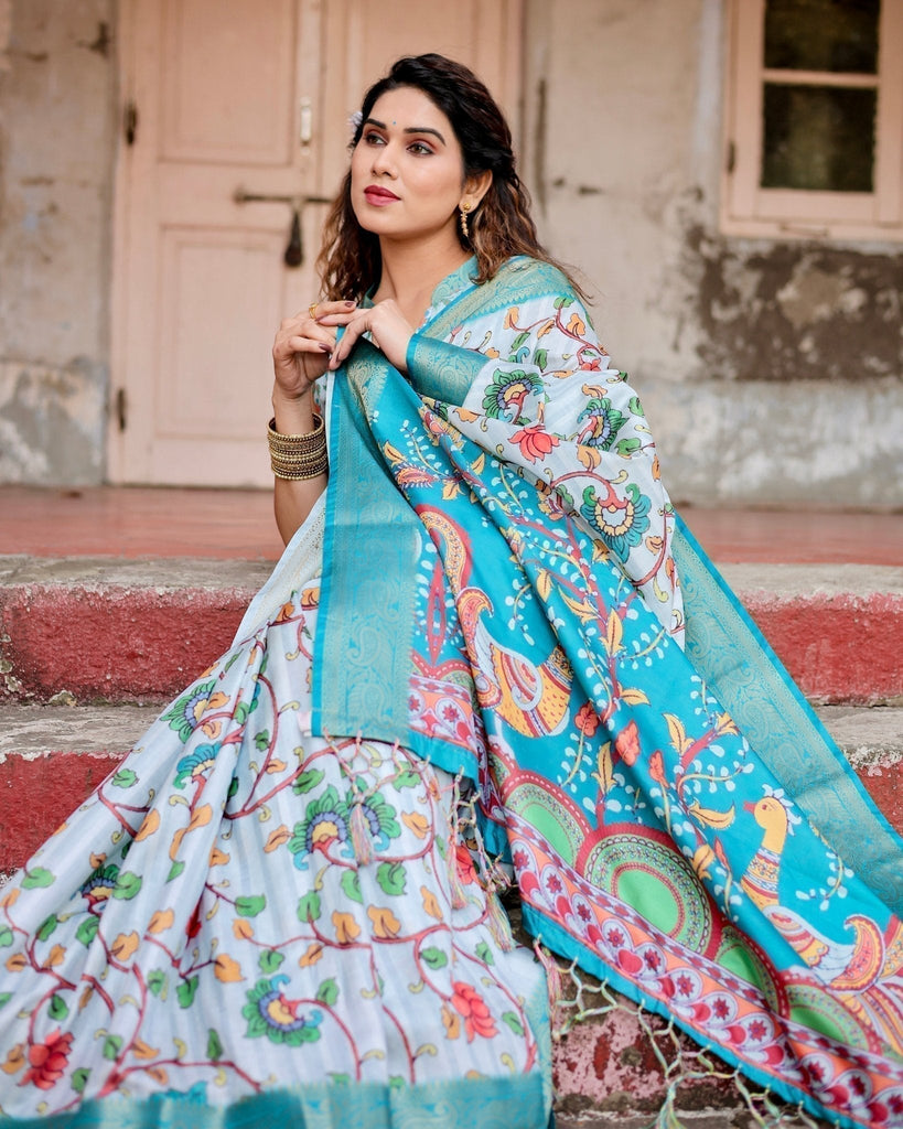 Sky Blue Tussar Silk Saree with Multicolor Floral Design and Zari Paisley Border DIGITAL PRINT