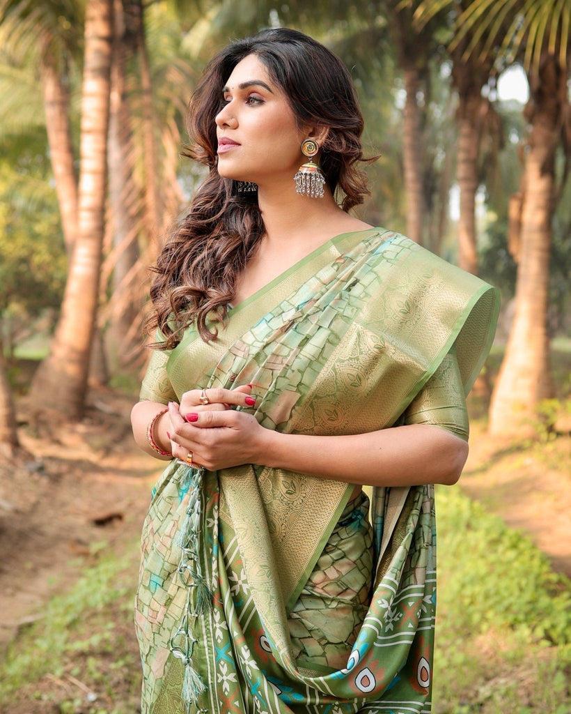 Elegant Light Green Tussar Silk Saree with Zari Motif Border and Contemporary Checkered Pallu Design DIGITAL PRINT