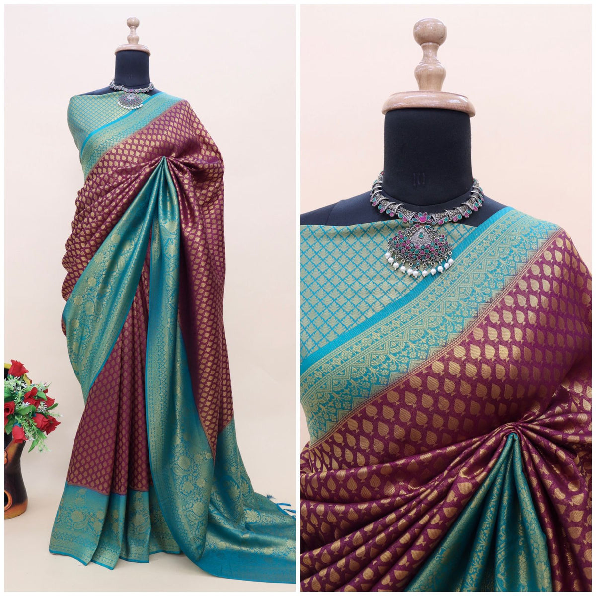 Purple and Sky Blue Kuber Soft Silk Saree with Exquisite Golden Jari Work & Matching Blouse ClothsVilla Main image