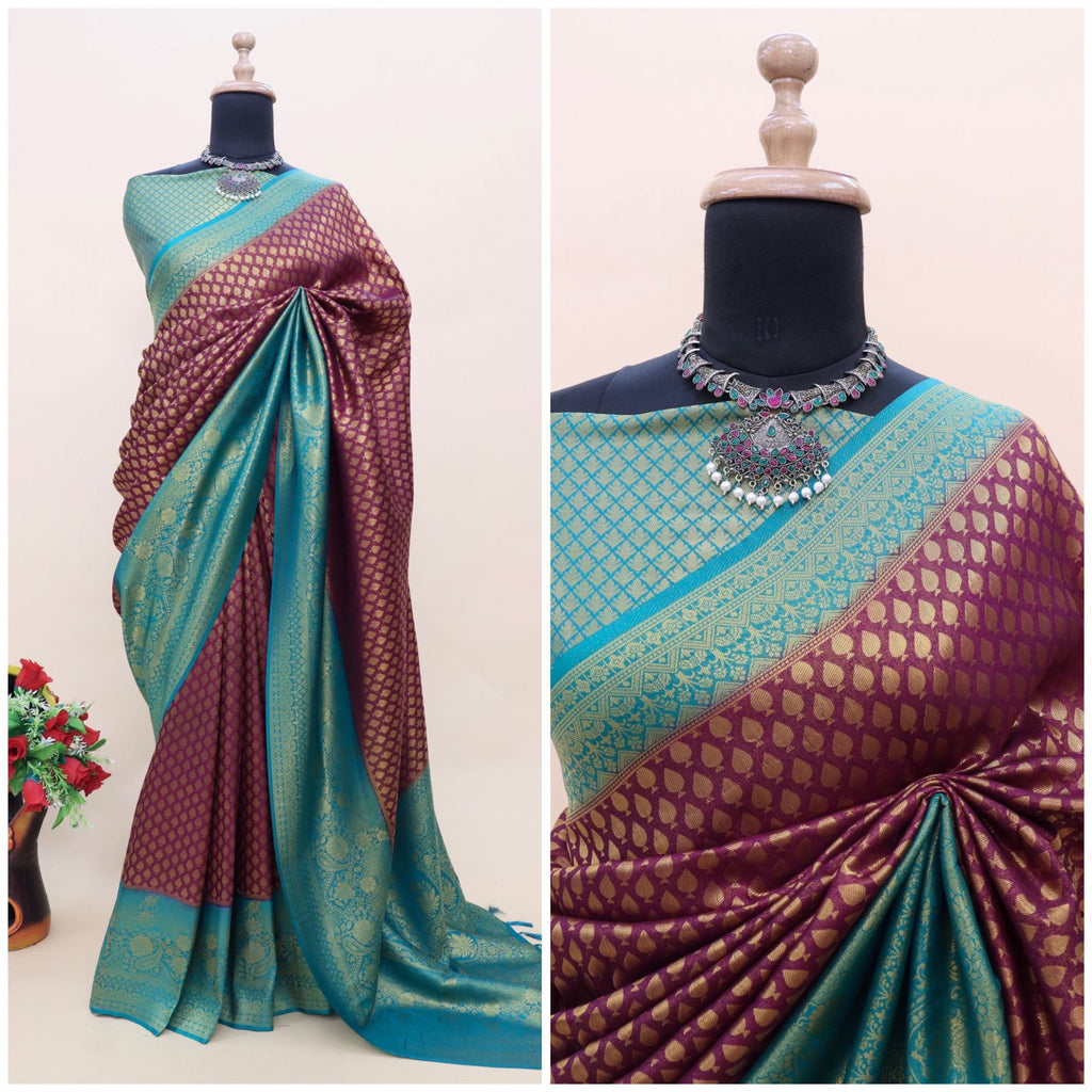 Purple and Sky Blue Kuber Soft Silk Saree with Exquisite Golden Jari Work & Matching Blouse ClothsVilla