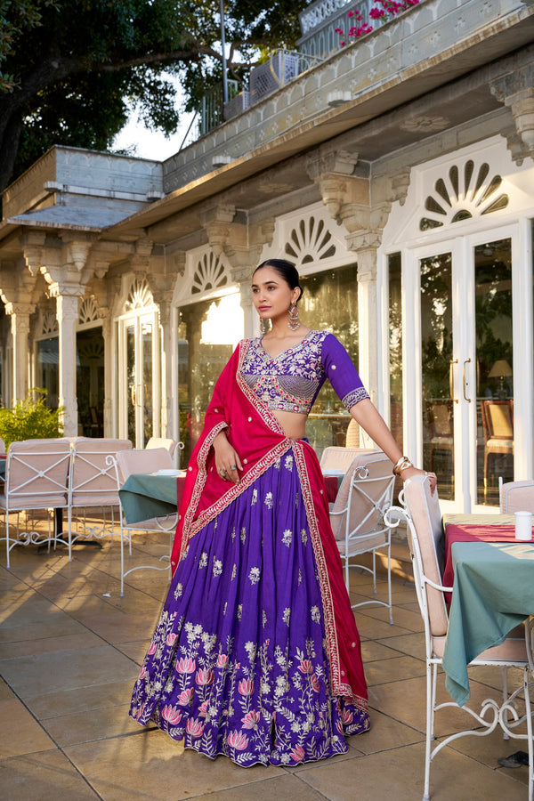 Purple Artistry Vichitra Silk Lehenga Set with Sequins & Embroidery