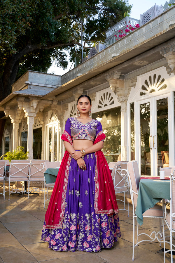 Purple Artistry Vichitra Silk Lehenga Set with Sequins & Embroidery