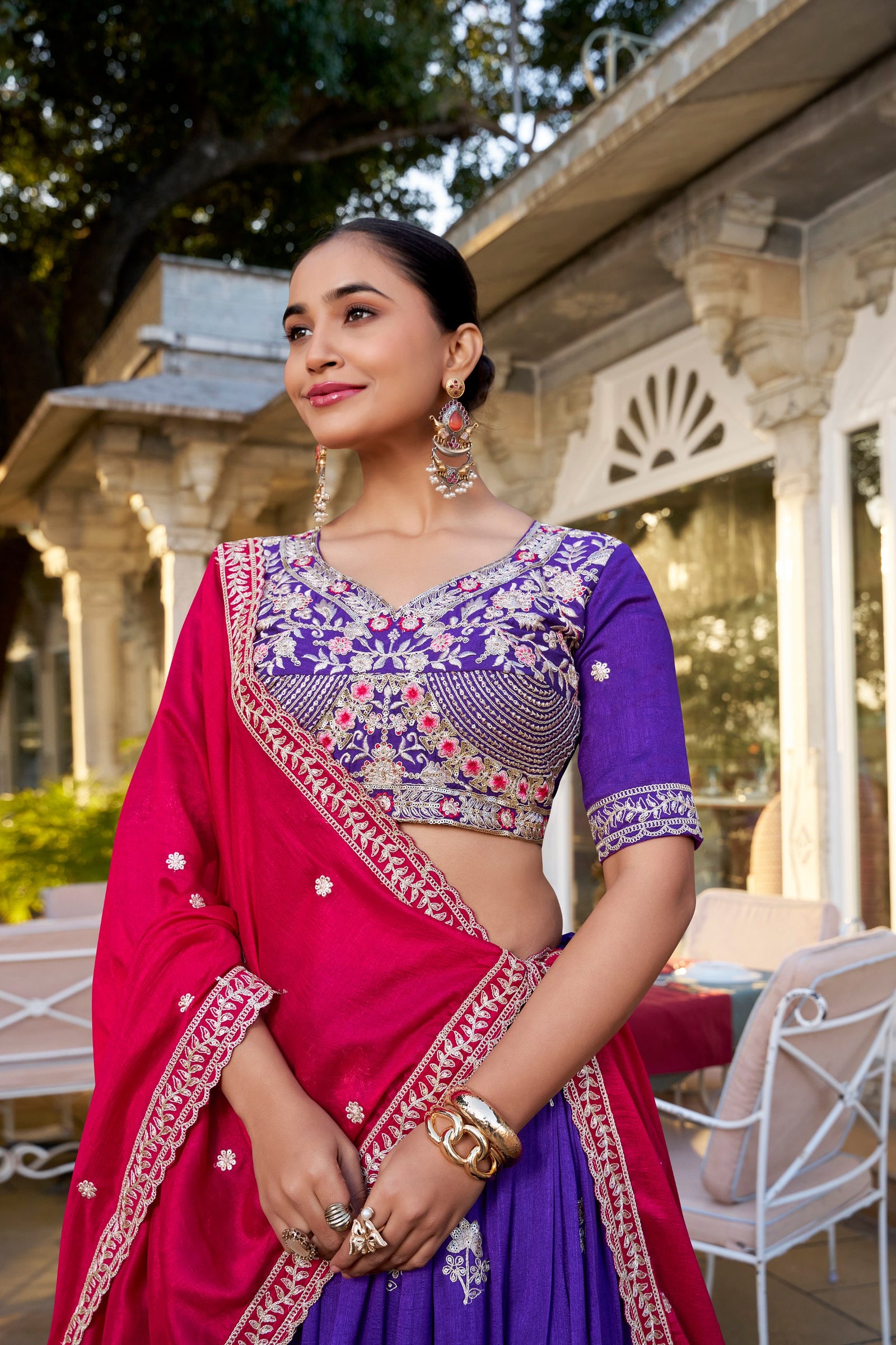 Purple Artistry Vichitra Silk Lehenga Set with Sequins & Embroidery