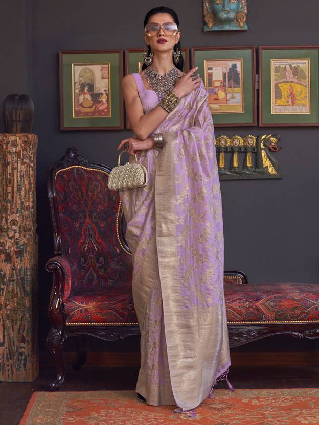 Purple Banarasi Silk Blend Saree with Bidri Work & Zari Buta – Gold Accents & Tassel Detailing ClothsVilla