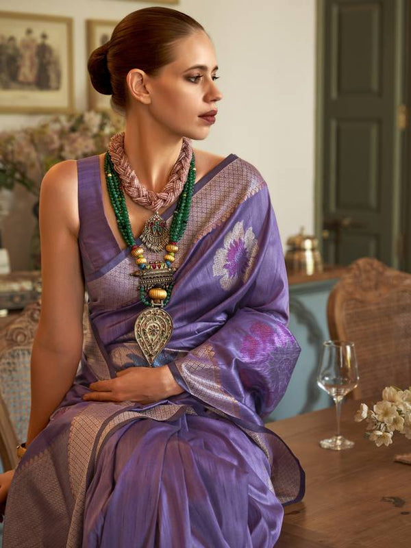 Purple Banarasi Silk Blend Saree with Unstitched Blouse Piece ClothsVilla