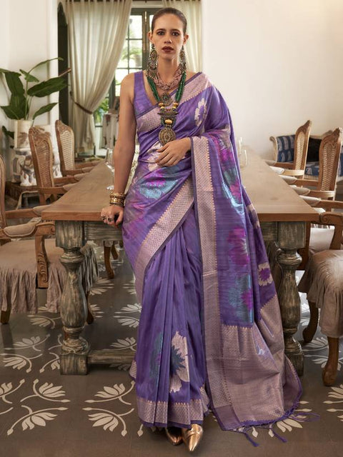 Purple Banarasi Silk Blend Saree with Unstitched Blouse Piece ClothsVilla Main image