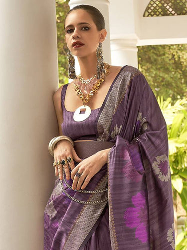 Purple Banarasi Silk Blend Saree with Unstitched Blouse Piece ClothsVilla