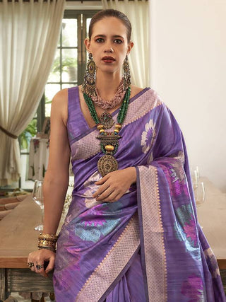 Purple Banarasi Silk Blend Saree with Unstitched Blouse Piece ClothsVilla
