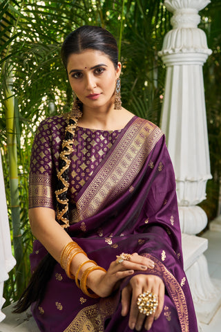 Purple Banarasi Silk Saree With Smashing Blouse Piece ClothsVilla