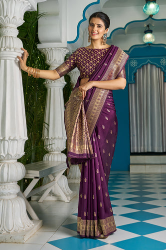 Purple Banarasi Silk Saree With Smashing Blouse Piece ClothsVilla