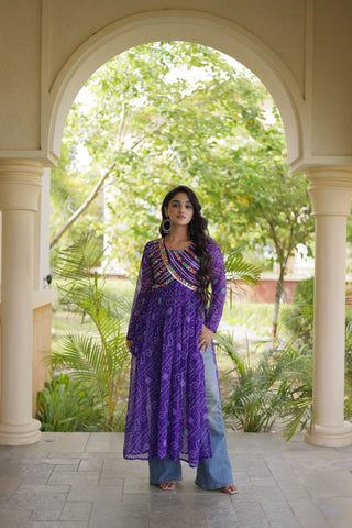 Purple Bandhani Kurti with Patchwork Clothsvilla