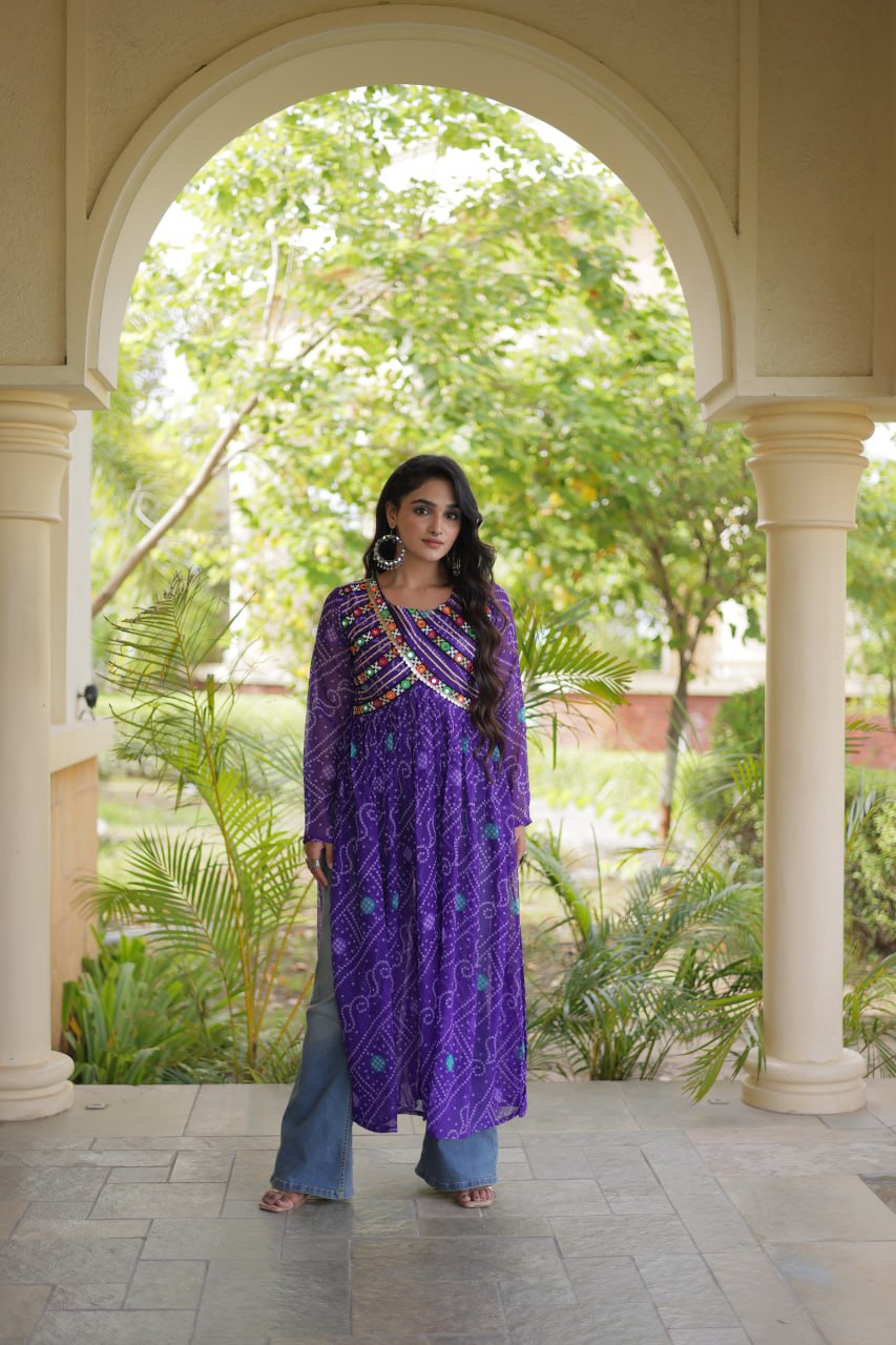 Purple Bandhani Kurti with Patchwork Clothsvilla