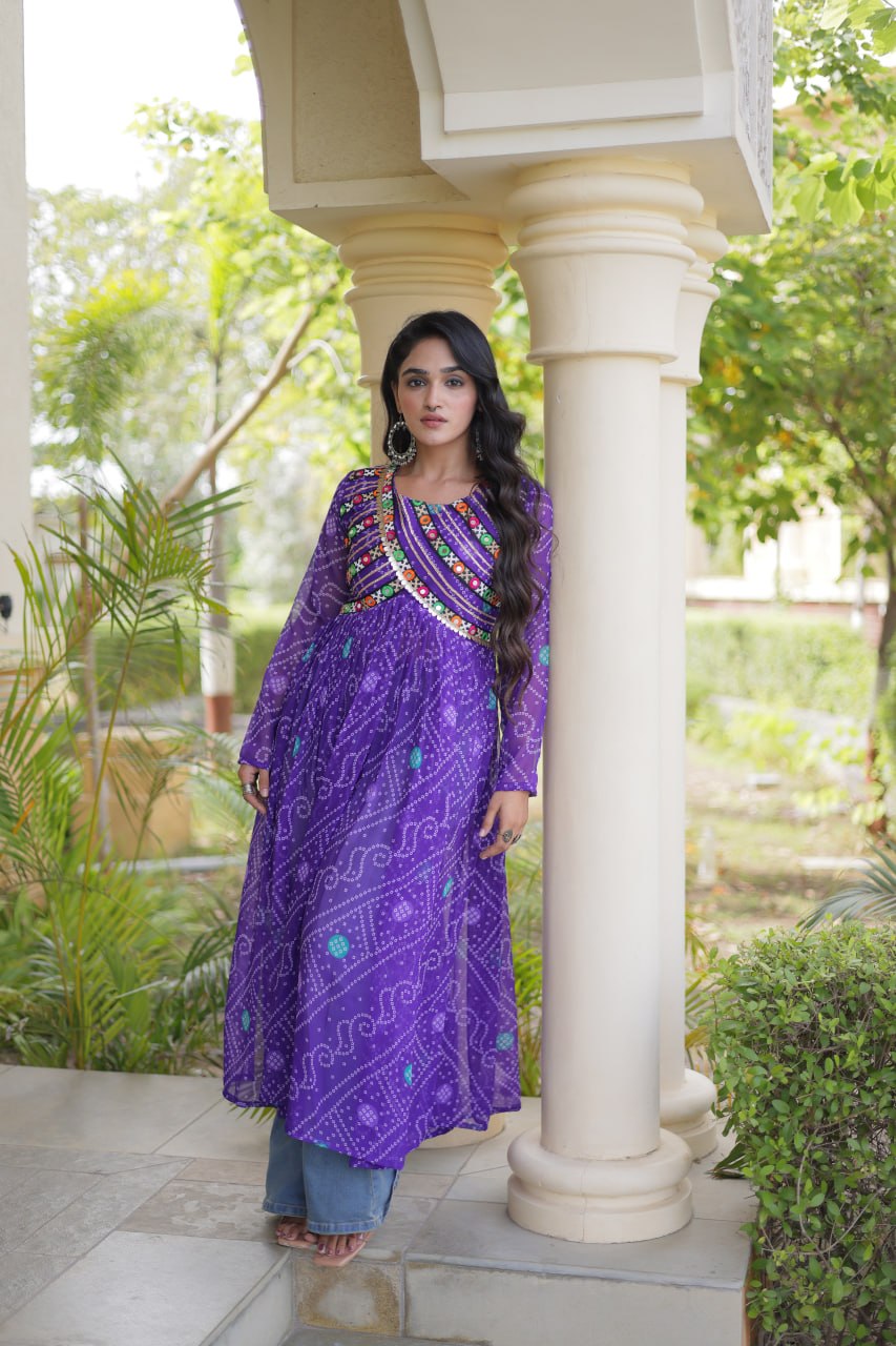 Purple Bandhani Kurti with Patchwork Clothsvilla