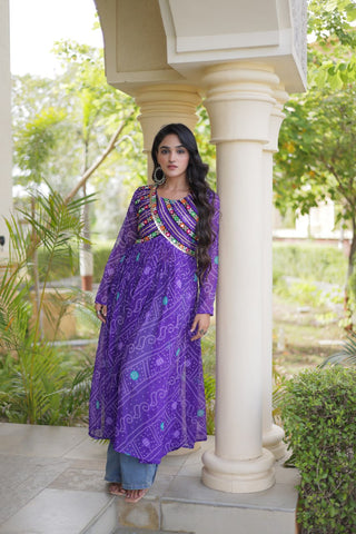 Purple Bandhani Kurti with Patchwork Clothsvilla