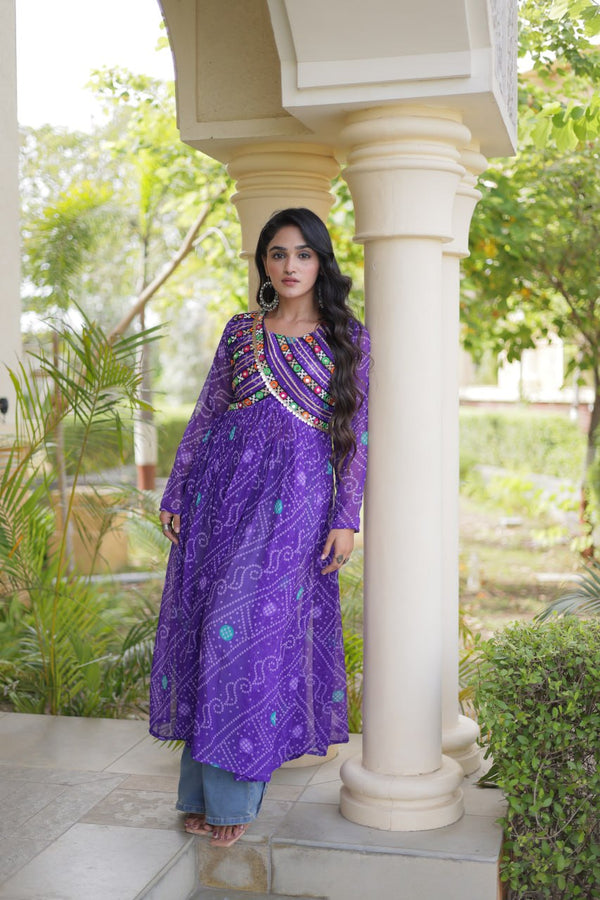 Purple Bandhani Kurti with Patchwork Clothsvilla