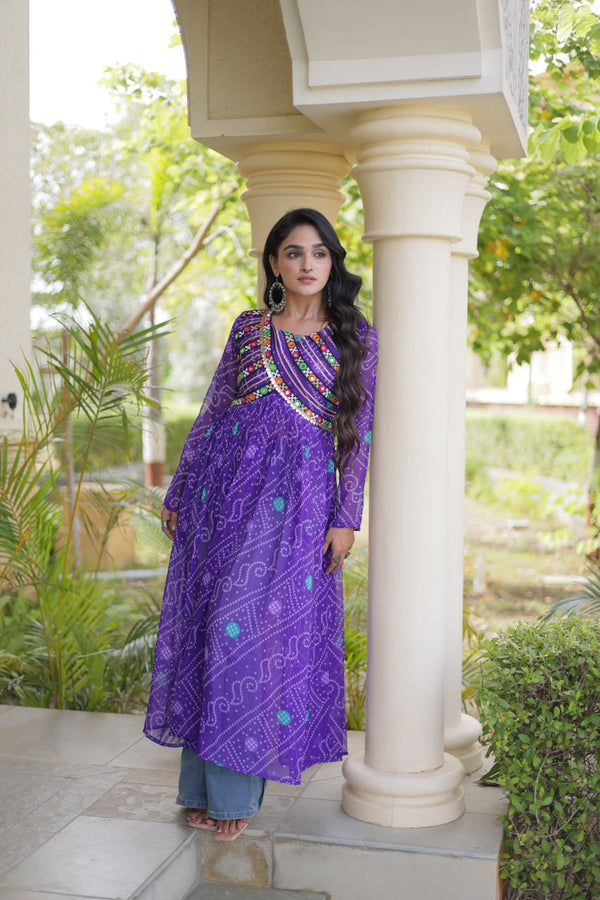 Purple Bandhani Kurti with Patchwork Clothsvilla