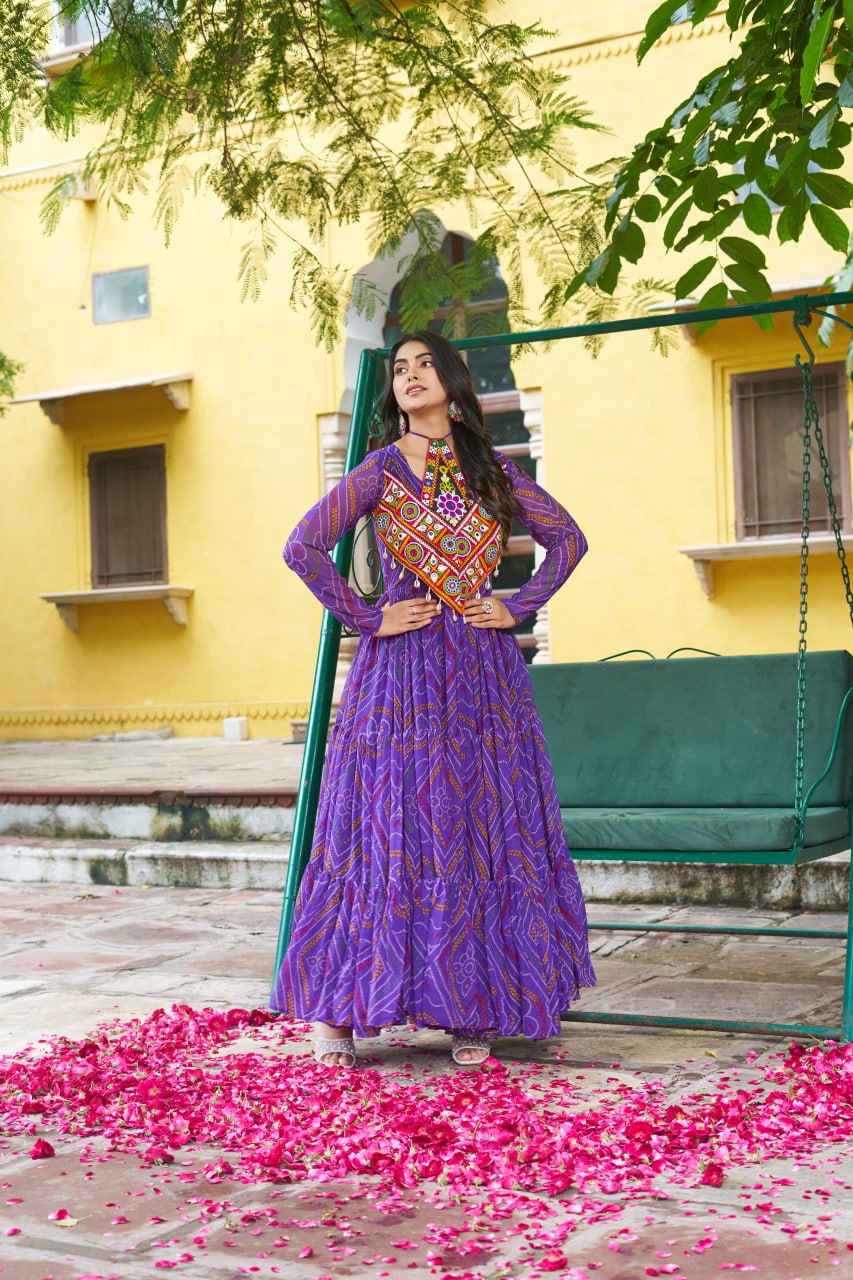 Purple Bandhani Print Faux Georgette Gown with Kutchi Patchwork – Full Sleeves, 9 Meter Flair, Cotton Lining ClothsVilla
