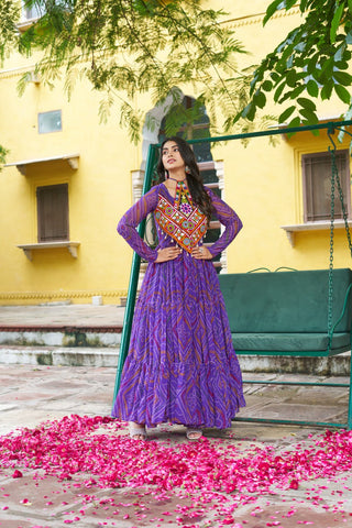 Purple Bandhani Print Faux Georgette Gown with Kutchi Patchwork – Full Sleeves, 9 Meter Flair, Cotton Lining ClothsVilla