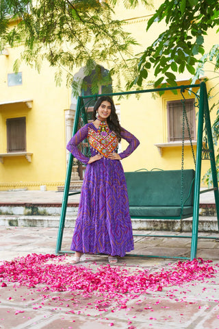 Purple Bandhani Print Faux Georgette Gown with Kutchi Patchwork – Full Sleeves, 9 Meter Flair, Cotton Lining ClothsVilla
