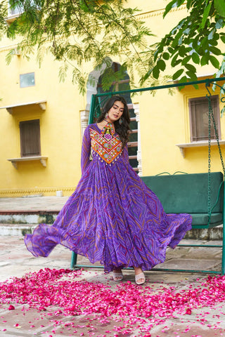 Purple Bandhani Print Faux Georgette Gown with Kutchi Patchwork – Full Sleeves, 9 Meter Flair, Cotton Lining ClothsVilla