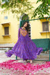 Load image into Gallery viewer, Purple Bandhani Print Faux Georgette Gown with Kutchi Patchwork – Full Sleeves, 9 Meter Flair, Cotton Lining ClothsVilla