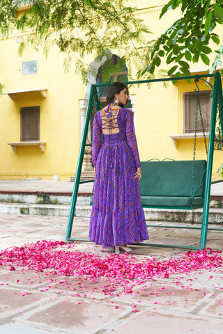 Purple Bandhani Print Faux Georgette Gown with Kutchi Patchwork – Full Sleeves, 9 Meter Flair, Cotton Lining ClothsVilla