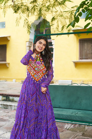 Purple Bandhani Print Faux Georgette Gown with Kutchi Patchwork – Full Sleeves, 9 Meter Flair, Cotton Lining ClothsVilla