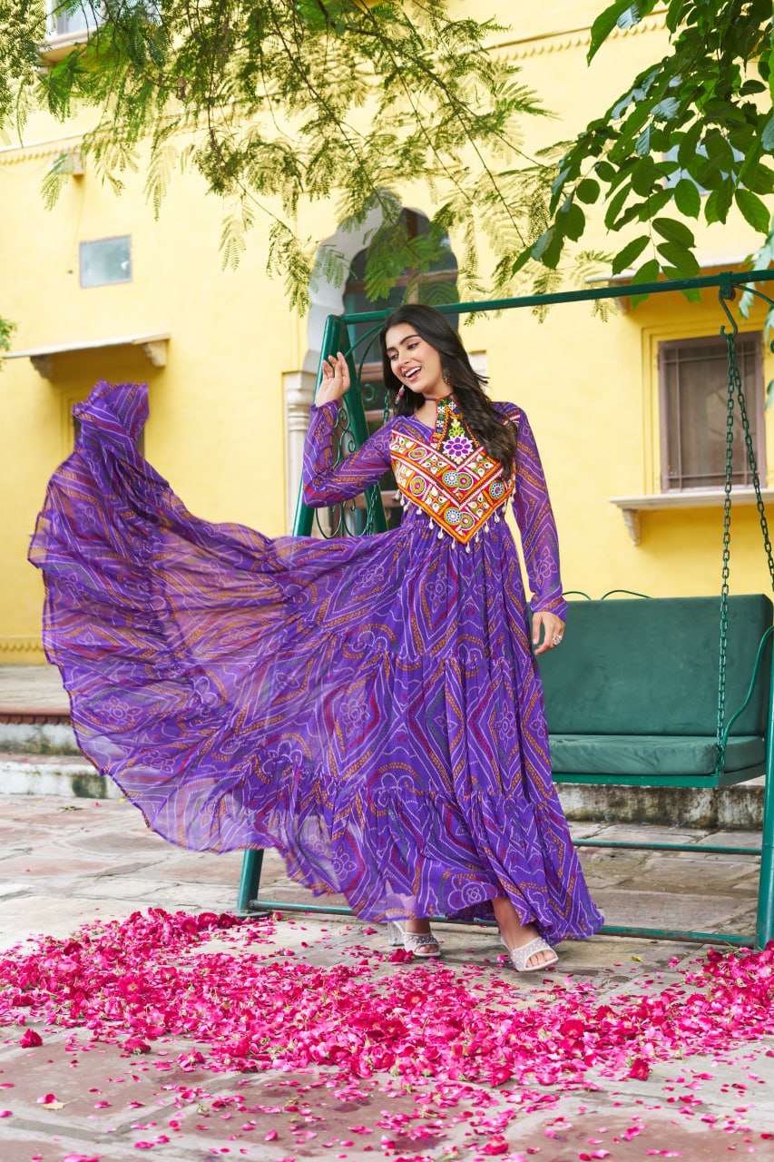 Purple Bandhani Print Faux Georgette Gown with Kutchi Patchwork – Full Sleeves, 9 Meter Flair, Cotton Lining ClothsVilla