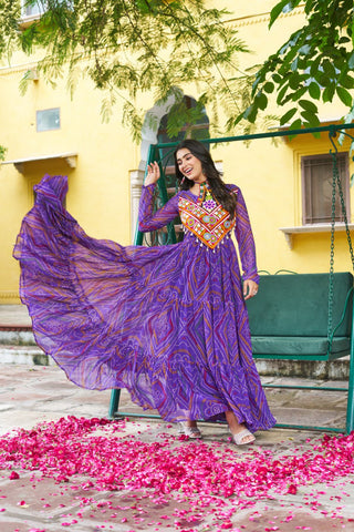 Purple Bandhani Print Faux Georgette Gown with Kutchi Patchwork – Full Sleeves, 9 Meter Flair, Cotton Lining ClothsVilla