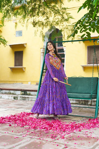 Purple Bandhani Print Faux Georgette Gown with Kutchi Patchwork – Full Sleeves, 9 Meter Flair, Cotton Lining ClothsVilla